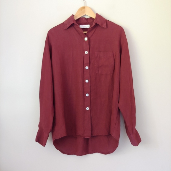 Bryn Walker Linen Button Down Shirt Burgundy Size X-Small - Picture 3 of 16